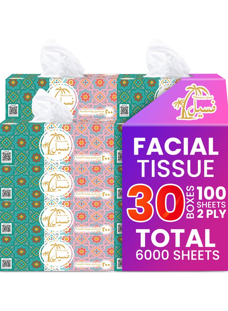 SNH Packing علبة مناديل فاسي للوجه عبوة من 30، 100 ورقة × 2 طبقة لكل منها، إجمالي 6000 ورقة (200 ورقة لكل علبة) - Image 1
